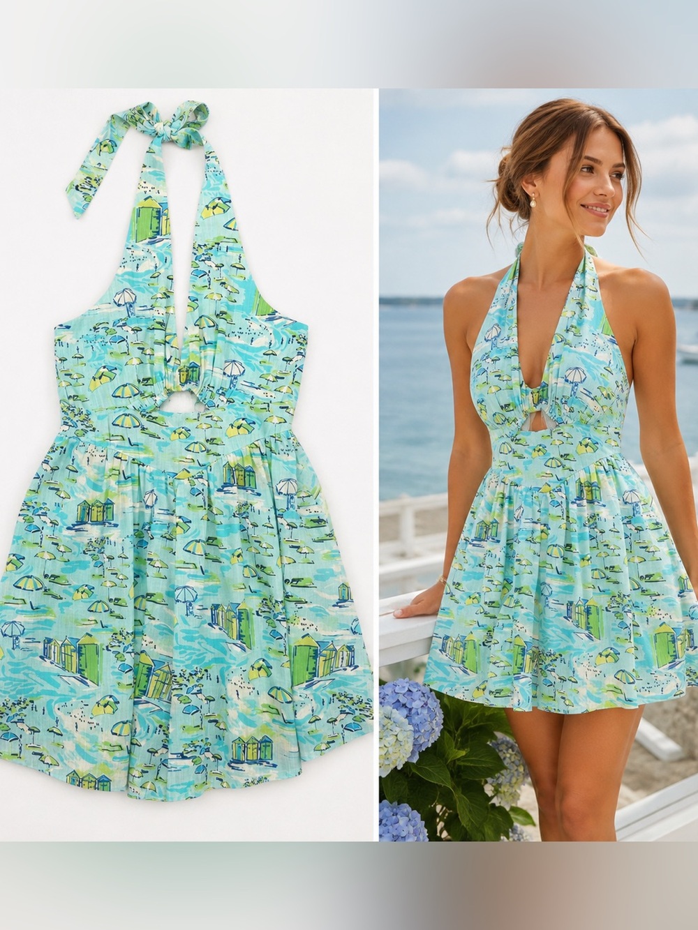 MEET ME IN SANTORINI - Beach-Print Halter Mini Dress NWT